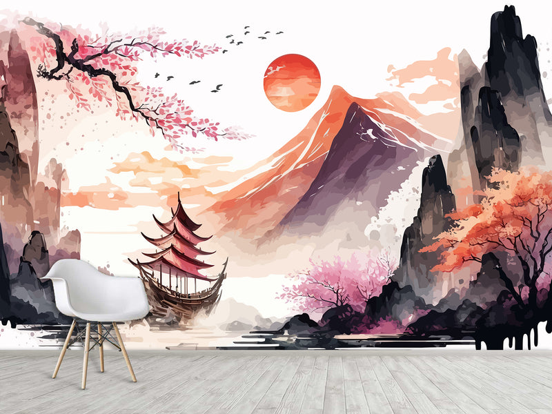 Non-Woven Wall Mural Art Print "Chinese Painting Style", Photo Wallpaper for Decorating Bedroom, Living Room 🖌️🌸