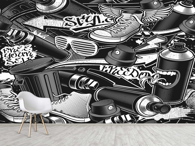 Comic Style Print High-Quality Vinyl Wallpaper Peel and Stick For Wall For Teen Room Studio "Black And White Graffiti"
