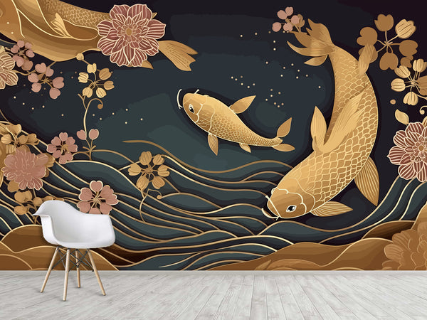 Non-Woven Wallpaper Mural – Custom Design for Living Room or Lounge Area, "Japanese Style: Fish and Flowers"