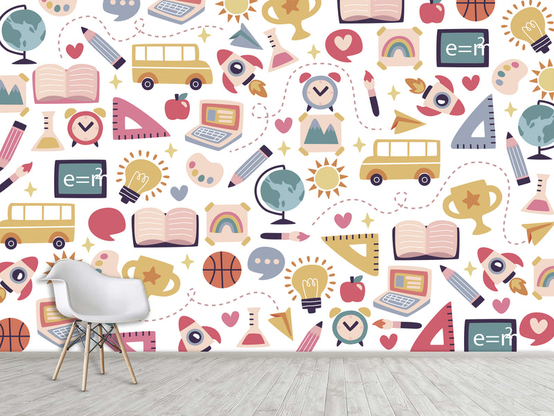 Peel & Stick Mural Full Wall Print For Kids Room "School-Themed Collage" Design for Kids' Study Area