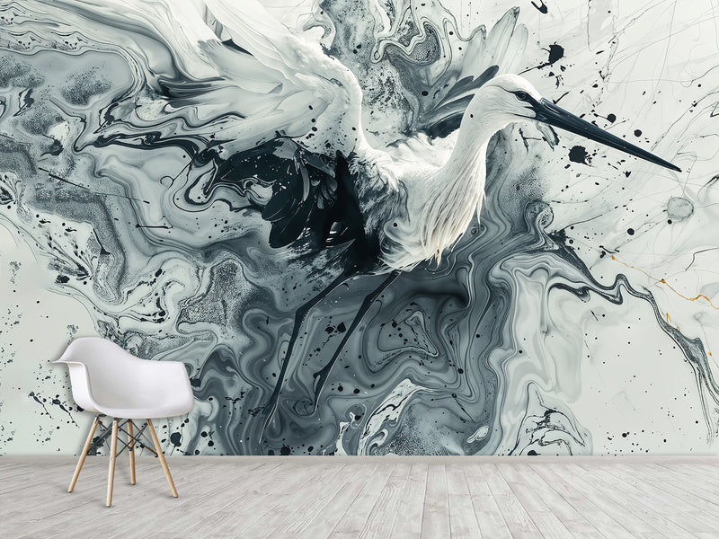 Full-Wall Peel and Stick Wallpaper – Art Print "Dance of the Stork in Abstraction" Mural for Office, Study, or Living Room