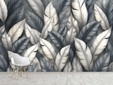 High-Quality Nature Print Self-Adhesive Wallpaper – Wall Print Mural for Bedroom, "Silver Leaves: A Play of Light and Shadow"