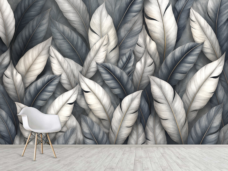 High-Quality Nature Print Self-Adhesive Wallpaper – Wall Print Mural for Bedroom, "Silver Leaves: A Play of Light and Shadow"