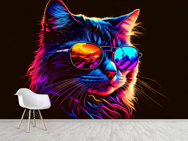 Non-Woven Photo Mural Print For Gym, Office, Workshop "Neon Cat"