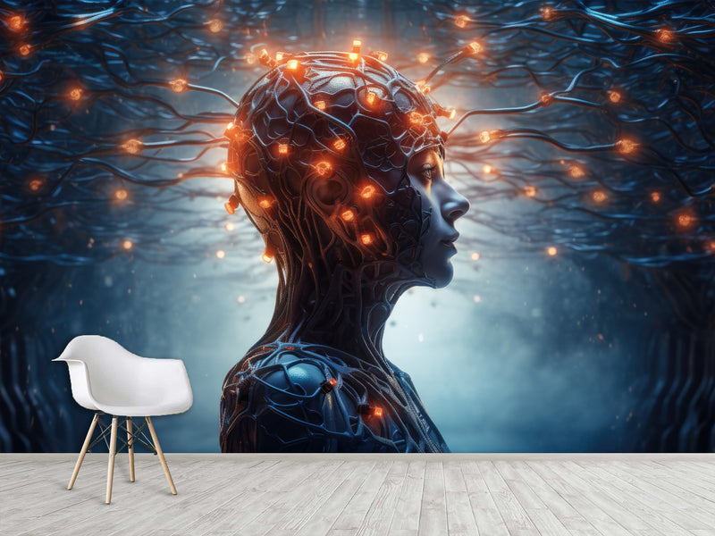 Futuristic Peel & Stick Wall Mural for Living Room, Office, or Gym – 'AI: Thoughts and Data'"