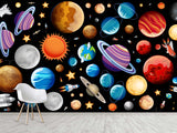 Self-Adhesive Full-Wall Wallpaper, In-House Production — Wall Mural For Living Room Or Kids’ Room “Vibrant Planets”.