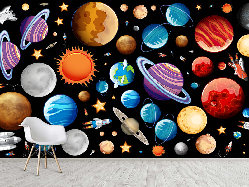 Self-Adhesive Full-Wall Wallpaper, In-House Production — Wall Mural For Living Room Or Kids’ Room “Vibrant Planets”.