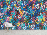 Non-Woven Wall Mural 3D Graffiti Wallpaper “Colorful Hearts” – For Accent Wall in Bedroom, Kitchen, or Living Room