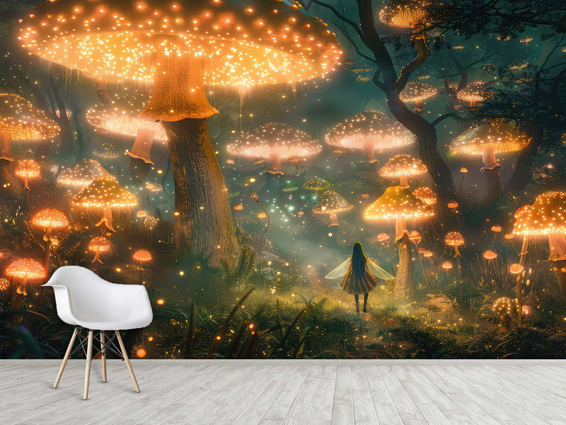 Eco Non-Woven Mural for Kids Room Full Wall "Fairy in a Magical Mushroom Forest"