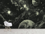 Vinyl Wallpaper Pell and  Stick Print For Living Room Or Bedroom, Full-Wall Design Mural “Cosmic Motion: Planets And Stars” — Perfect For An Accent Wall