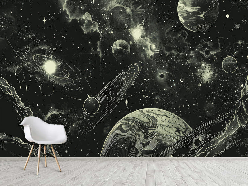 Vinyl Wallpaper Pell and  Stick Print For Living Room Or Bedroom, Full-Wall Design Mural “Cosmic Motion: Planets And Stars” — Perfect For An Accent Wall