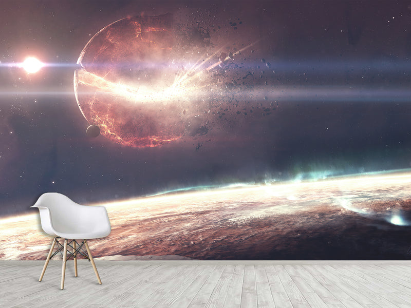 Peel and Stick Full Wall Mural Print Planet Breaking Into Fragments for Living Room or Bedroom