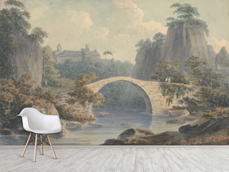 Peel and Stick Wall Mural – John Warwick Smith – River Landscape with a Single Arched Bridge – Full Wall Art for Home Interior