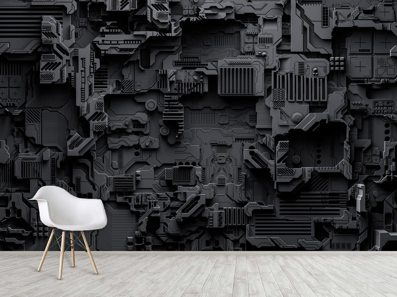 Peel and Stick Vinyl Wallpaper Technological Plating Spaceship Robot Abstract Graphics Style for Gym & Living Room