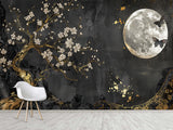Non-Woven Mural Art Accent Wall For Bedroom, Lounge Area "Golden Plum Tree In Moonlit Night – Mural Background"