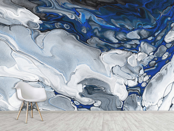 Art Print Design Non-Woven Wallpaper For Living Room, Relax Zone, Bedroom Abstraction "Blue Marble Waves"