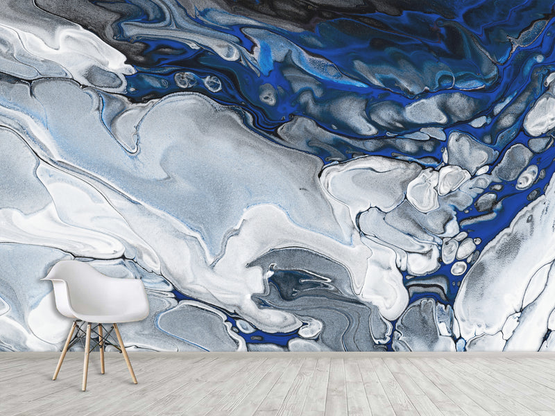 Art Print Design Non-Woven Wallpaper For Living Room, Relax Zone, Bedroom Abstraction "Blue Marble Waves"
