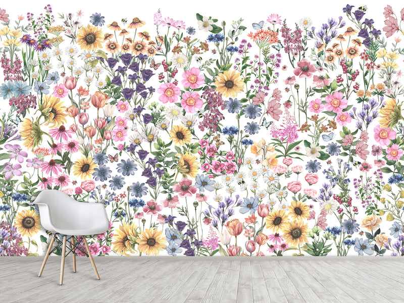 🌸Floral Print For Home Design Non-Woven Wall Murals "Watercolor Wildflowers" For Living Room, Creative Space, Bedroom 🌸