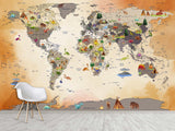 Non-Woven Mural 3D Effect Kids' World Map Wallpaper with Dinosaurs – Wall Mural for Children’s Room