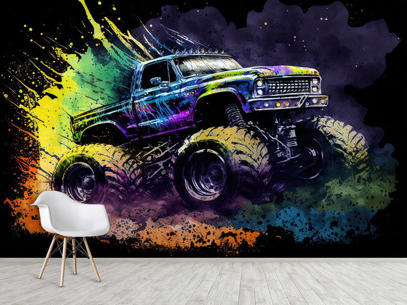 Full-Size Traditional Wallpaper Bold Decor for Workout Room or Office Epic Monster Truck Print Mural