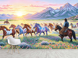 Wild West Art — Non-Woven Mural, Cowboys Watching a Herd of Horses, Wall Print for Office or Living Room