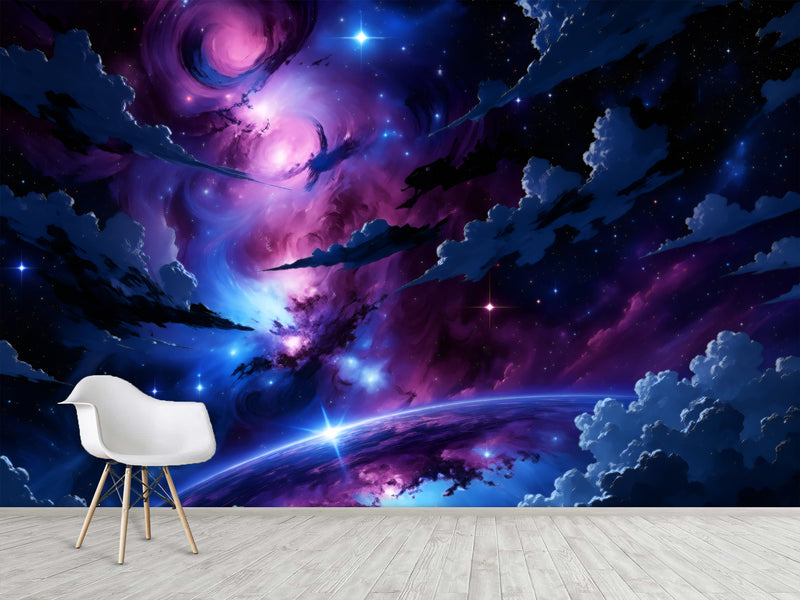 Self-Adhesive Wall Mural Interesting Universe Design For Living Room Bedroom "Cosmic Storm Of Light"✨