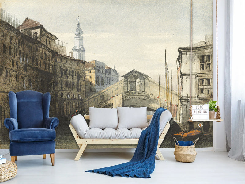 Peel and Stick Mural Vintage Style For Living Room or Bedroom - William Callow The Rialto Bridge Venice