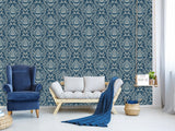 Vintage Non-Woven Photo Wallpaper Accent Wall Mural "Vintage Lotus Ornament on Dark Blue Background"