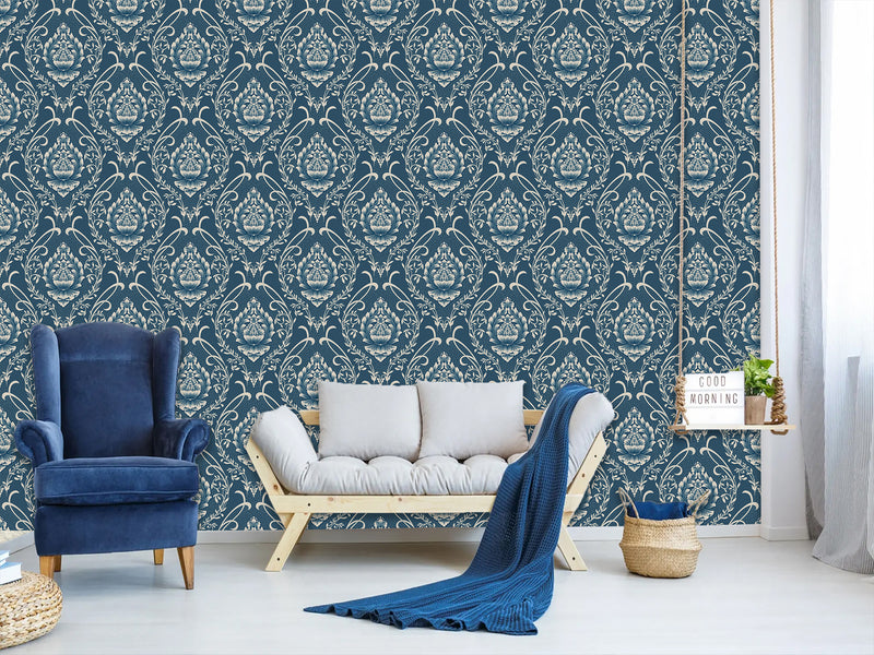 Vintage Non-Woven Photo Wallpaper Accent Wall Mural "Vintage Lotus Ornament on Dark Blue Background"