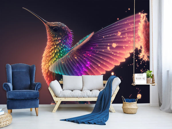 Colorful Bird Wall Mural Peel And Stick Wallpaper Full Wall "Neon Hummingbird" Décor For Bedroom, Living Room, Kids Room 🕊️✨