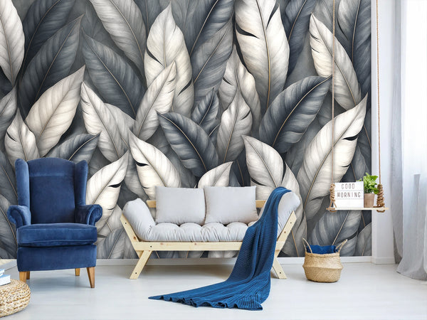 High-Quality Nature Print Self-Adhesive Wallpaper – Wall Print Mural for Bedroom, "Silver Leaves: A Play of Light and Shadow"