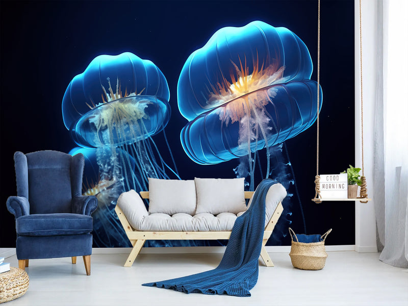 Sea Print Vinyl Wallpaper Peel and Stick – Unique Design Mural "Jellyfish", Wall Mural for Office or Living Room