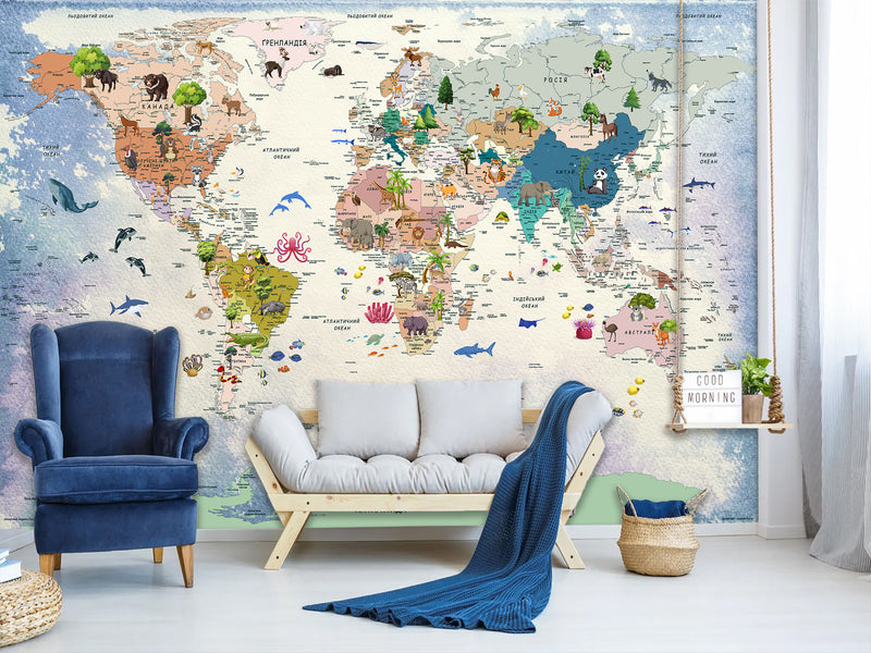 Decor for Kids room, Peel and Stick Oracal film with the pattern “Kids map of the world”