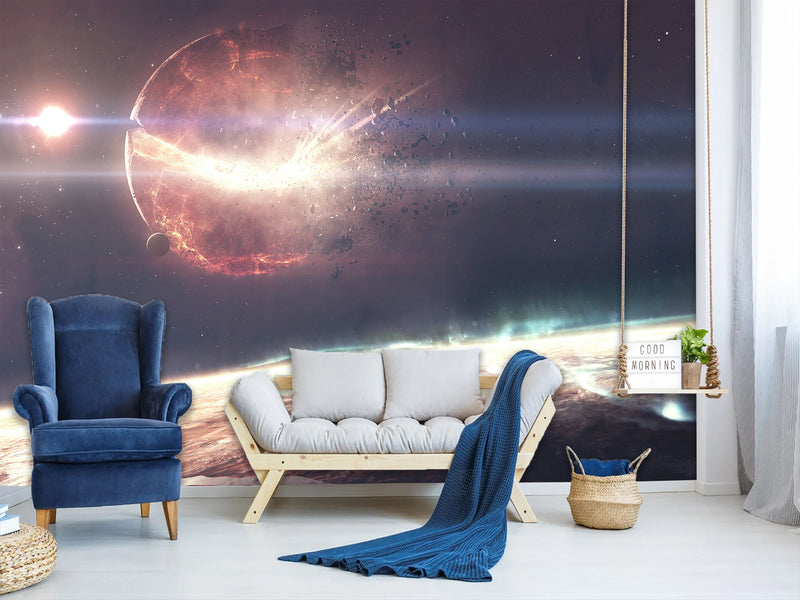 Peel and Stick Full Wall Mural Print Planet Breaking Into Fragments for Living Room or Bedroom