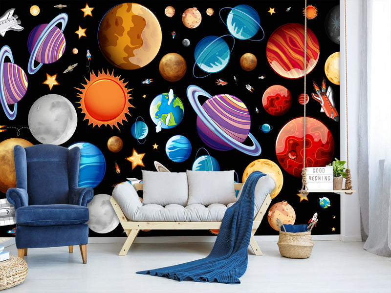Self-Adhesive Full-Wall Wallpaper, In-House Production — Wall Mural For Living Room Or Kids’ Room “Vibrant Planets”.