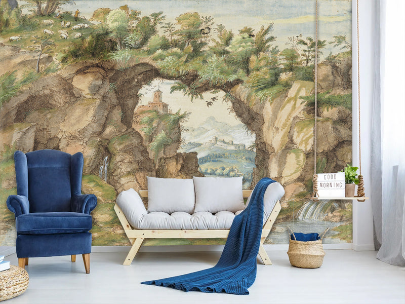 Non-Woven Art Wallpaper – “A Rocky Arch by a Stream” by Gherardo Cibo – Wall Mural for Living Room, Bedroom & Office