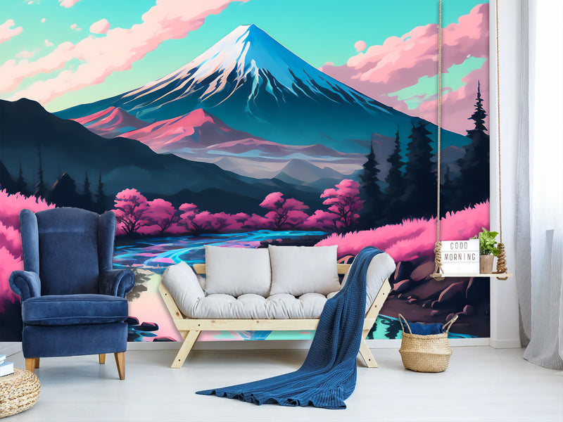 Artistic Design Vinyl Wallpaper Peel and Stick Wall Mural for Living Room, Office, Perfect for Creative Space "Mount Fuji in Anime Style" 🎨