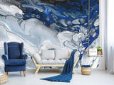 Art Print Design Non-Woven Wallpaper For Living Room, Relax Zone, Bedroom Abstraction "Blue Marble Waves"