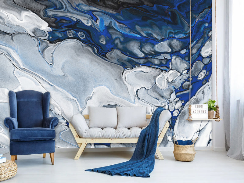 Art Print Design Non-Woven Wallpaper For Living Room, Relax Zone, Bedroom Abstraction "Blue Marble Waves"