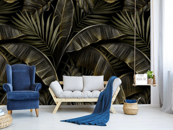 Floral Full-Wall Print Non-Woven Photo Wallpaper Tropical Design For Office Or Bedroom "Banana Leaves"