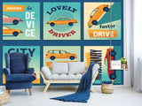 Non-Woven Photo Wallpaper Stylish Retro Car Collage for Office, Living Room, or Gym