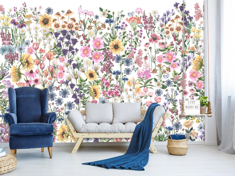 🌸Floral Print For Home Design Non-Woven Wall Murals "Watercolor Wildflowers" For Living Room, Creative Space, Bedroom 🌸