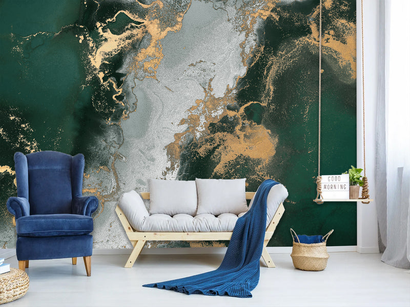 Art Print Accent Wall Self-Adhesive Wallpaper "Gray-Green Abstract Marble" – Decor for Bedroom, Living Room, Office