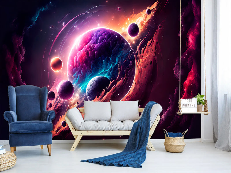 Self-Adhesive Vinyl Wallpaper Print for Office or Bedroom Planetary Dance in the Galaxy Peel & Stick Mural