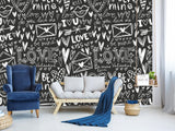 Black And White Graffiti Vinyl Wallpaper Peel and Stick For Room, Creative Space "Letters Of Love" ✉️