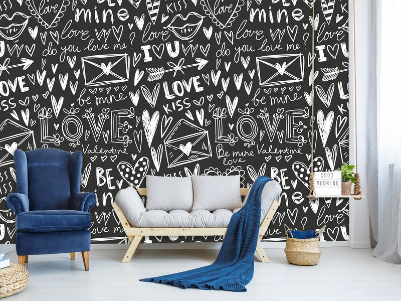 Black And White Graffiti Vinyl Wallpaper Peel and Stick For Room, Creative Space "Letters Of Love" ✉️