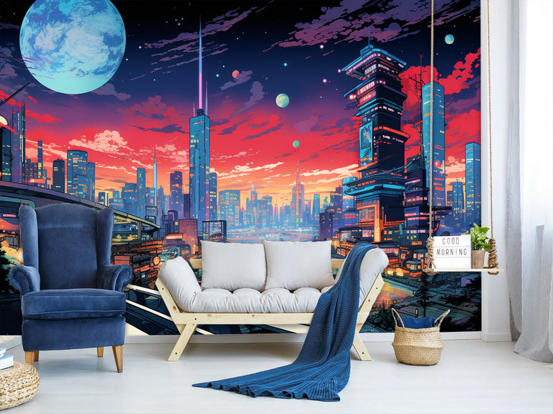 High-Quality Full-Wall Vinyl Wallpaper Peel and Stick for Office or Gym – "Cityscape Inspired by Anime", Modern Design Mural