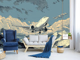 Full Wall Traditional Wallpaper For Office, Home Workspace, Or Studio "Aircraft Flying In The Sky Over Mountains" Comic Style