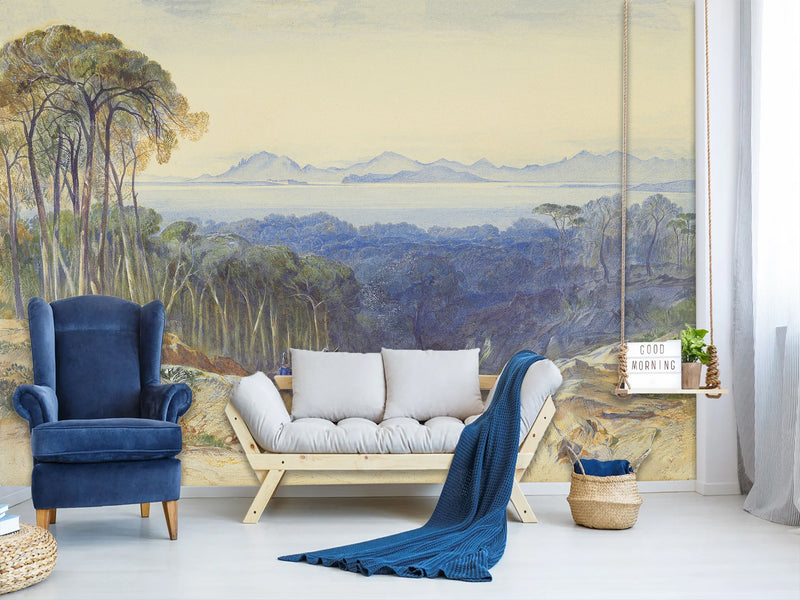 Self-Adhesive Full Wall Mural Accent French Riviera Landscape Wallpaper – Edward Lear for Living Room or Bedroom Design