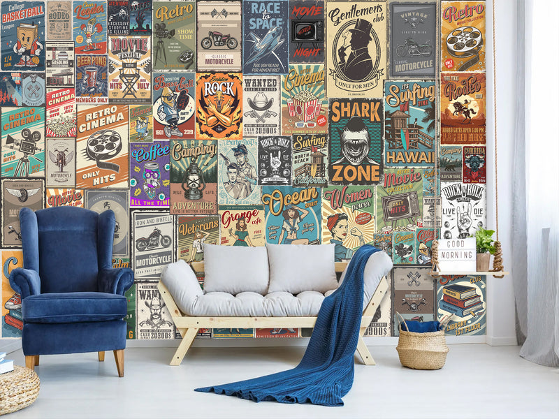 Wall mural Retro Poster Wallpaper – Vintage Ad Style Decor For Gym Or Recreation Room